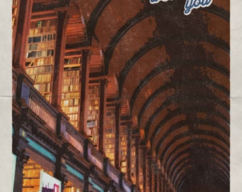 Trinity Library Dublin Ireland Travel Poster, Vintage Look European Photography - Digital