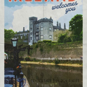 Castle on the River in Kilkenny Ireland Travel Poster, Vintage Look European Travel Photography - Digital