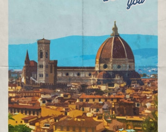 May include: A vintage travel poster with a blue sky and white clouds. The text "Florence welcomes you" is in the top right corner. The poster features a view of the city of Florence, Italy, with the Duomo in the background.