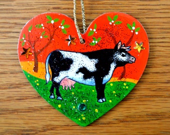 I Love Cows Christmas Ornament - Hand Drawn and Painted - One of a Kind