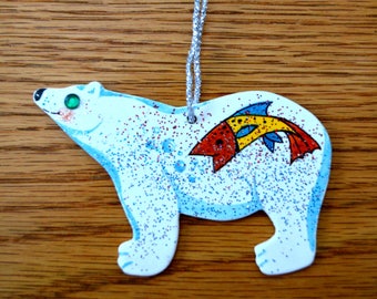 Christmas Polar Bear Ornament - Hand Painted - One of a Kind