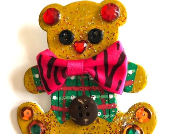 Christmas Teddy Bear Brooch/Pin -  Hand Crafted and Painted - One of a Kind