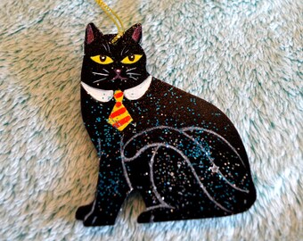 Black Cat wearing a tie Ornament - Hand Painted - One of a Kind