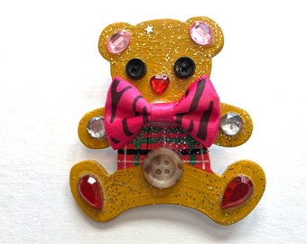 Christmas Teddy Bear Brooch/Pin -  Hand Crafted and Painted - One of a Kind