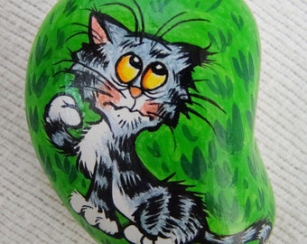 Cat and the Butterfly Paperweight  -  Hand Painted - One of a Kind