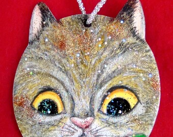 Christmas Cat with a Bell Ornament - Hand Crafted and Painted - One of a Kind