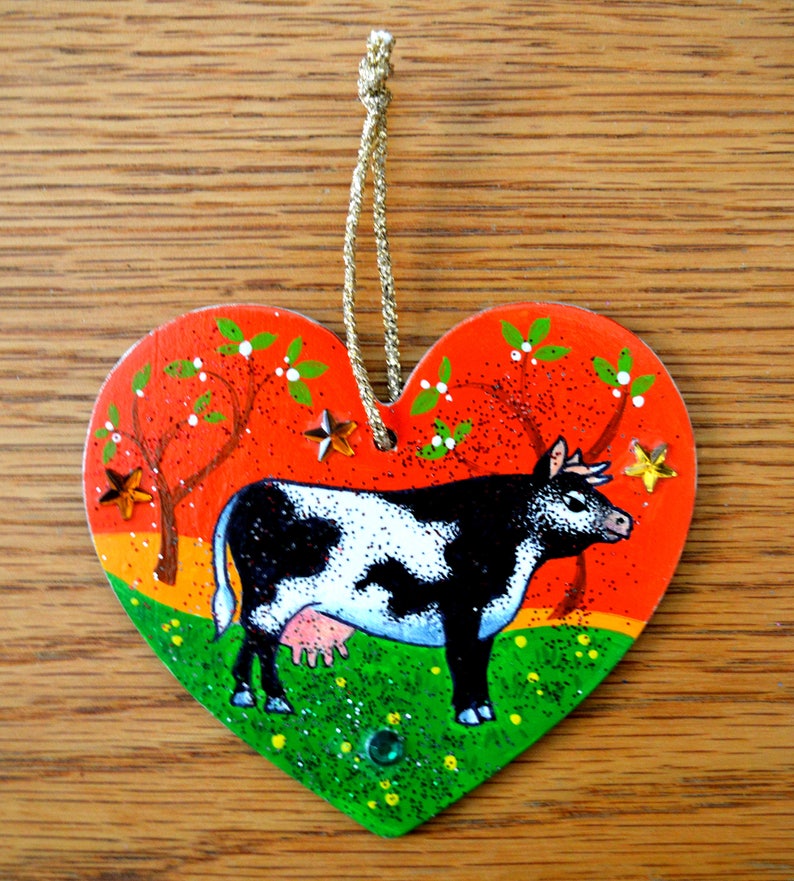 I Love Cows Christmas Ornament Hand Drawn and Painted One of a Kind image 1