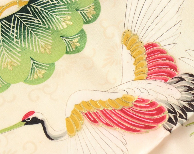 1950s Japanese Fabric, Metallic Hand Painted Cranes Japanese Kimono ...