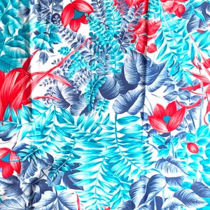 1970s Vintage Tropical Fabric by the Yard, Leafy Floral in Red Turquoise Blue Cotton #1980