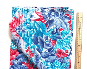 1970s Vintage Tropical Fabric, Leafy Floral in Red Turquoise Blue Cotton #1980