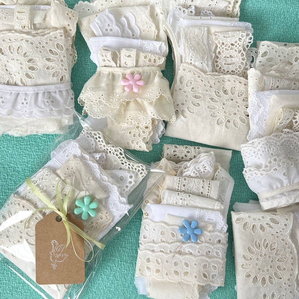 Vintage Eyelet Lace Snippets Bundle, 10 pc. Eyelet Trim for Crafting, Slow Stitch and Junk Journals #5214