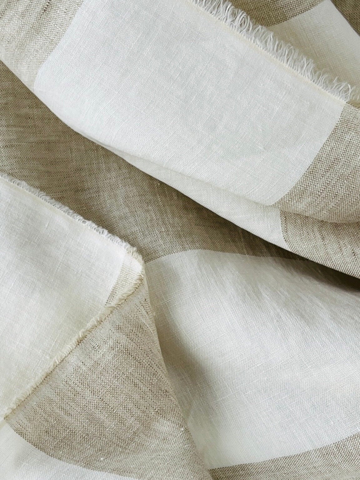 Pure Linen Double Wide Fabric Stripe Sand Beige and Off