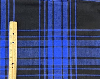 1980s Pure Wool Challis Bright Blue and Black Large Scale Plaid Fabric for Clothing, 61” wide #6983