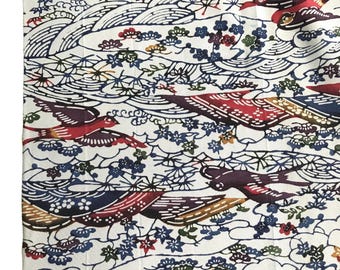 1950s Japanese Silk Okinawa Bingata Fabric Floral Birds Pattern Vintage Textile Kimono Material #2113