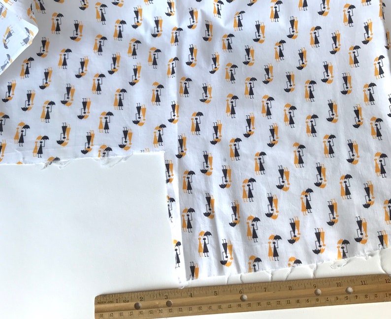 1950s Fabric ~ Cute Vintage Novelty Fabric Black Yellow Rain Umbrellas People Novelty Print 34 wide #1504