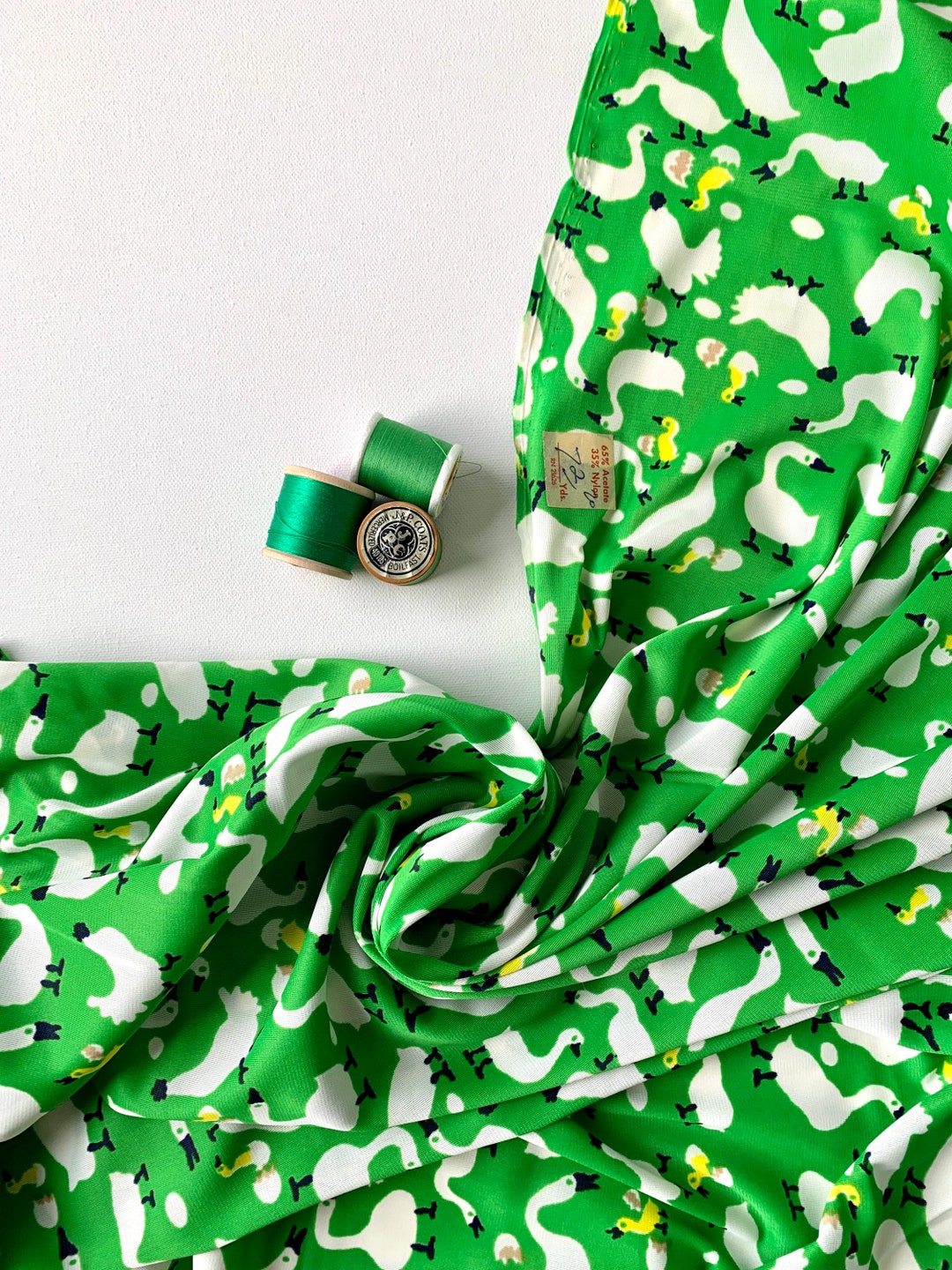 1970s Tricot Knit Fabric by the Yard Novelty Print Geese & Goslings