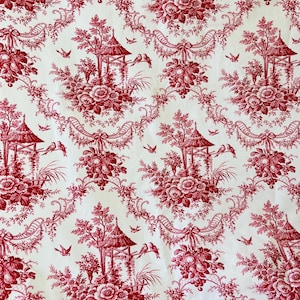 Vintage Red Toile Cotton Fabric: French Country Scenic Print for Home Decor, Drapery & Pillows #7448