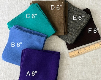 May include: A collection of six 6-inch felt squares in various colors: purple, blue, teal, brown, gray tweed, and dark brown. A ruler is included for scale. These felt squares are suitable for crafting projects.