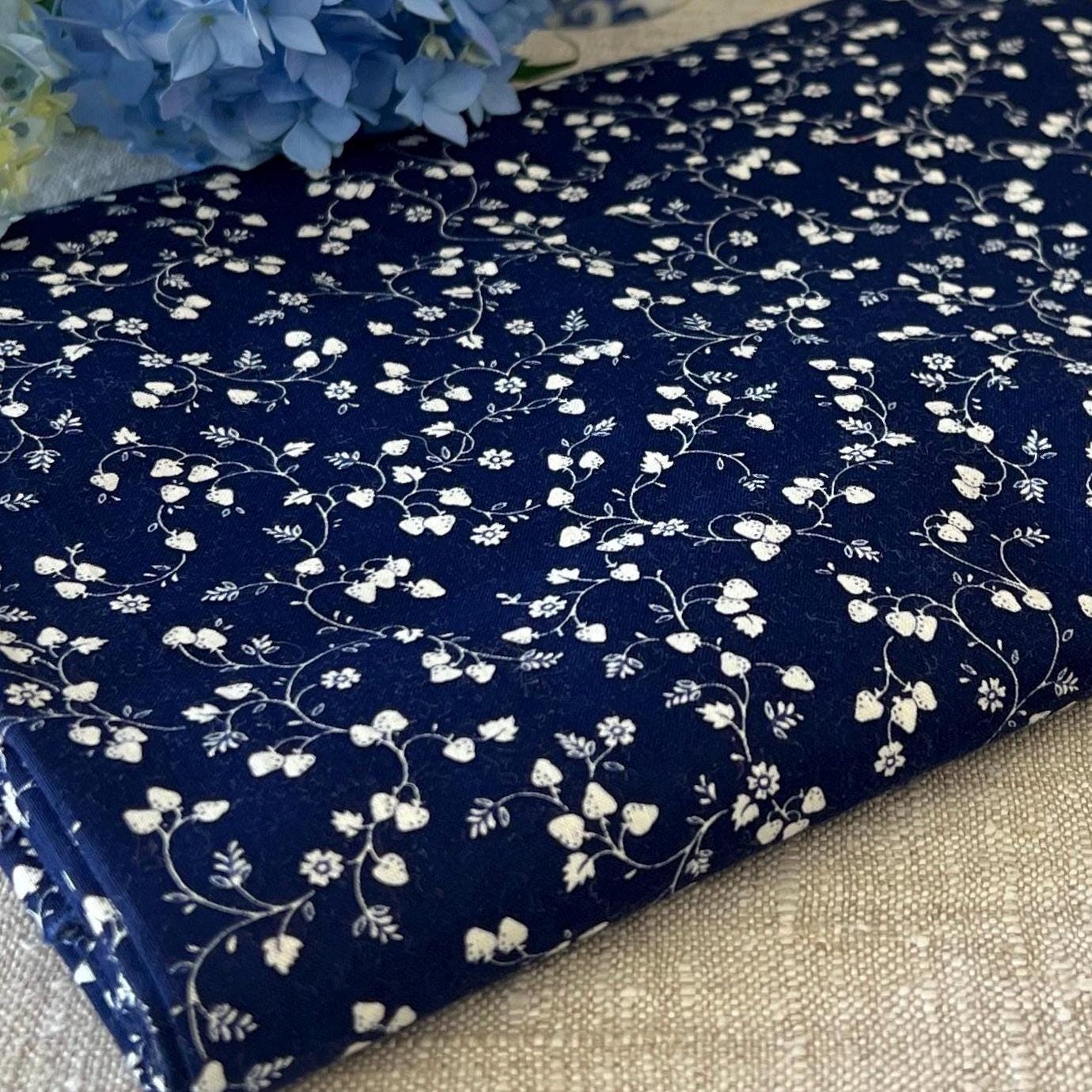 Vintage 1970s Strawberry Fabric – Cranston Print Works | Navy Blue Cotton Broadcloth #7573