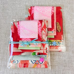 Vintage Helles Japanisches Seidengewebe Bundle 10 Stück, Pink, Orange, Rot Kimono Scrap Pack, Shibori, Kyo Yüzen # 5530