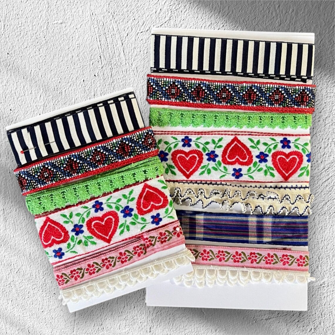 Red Ribbon Sampler Pack Vintage Ribbon Trim Sampler Cards, Woven Floral, Plaid, Hearts Ribbon ...