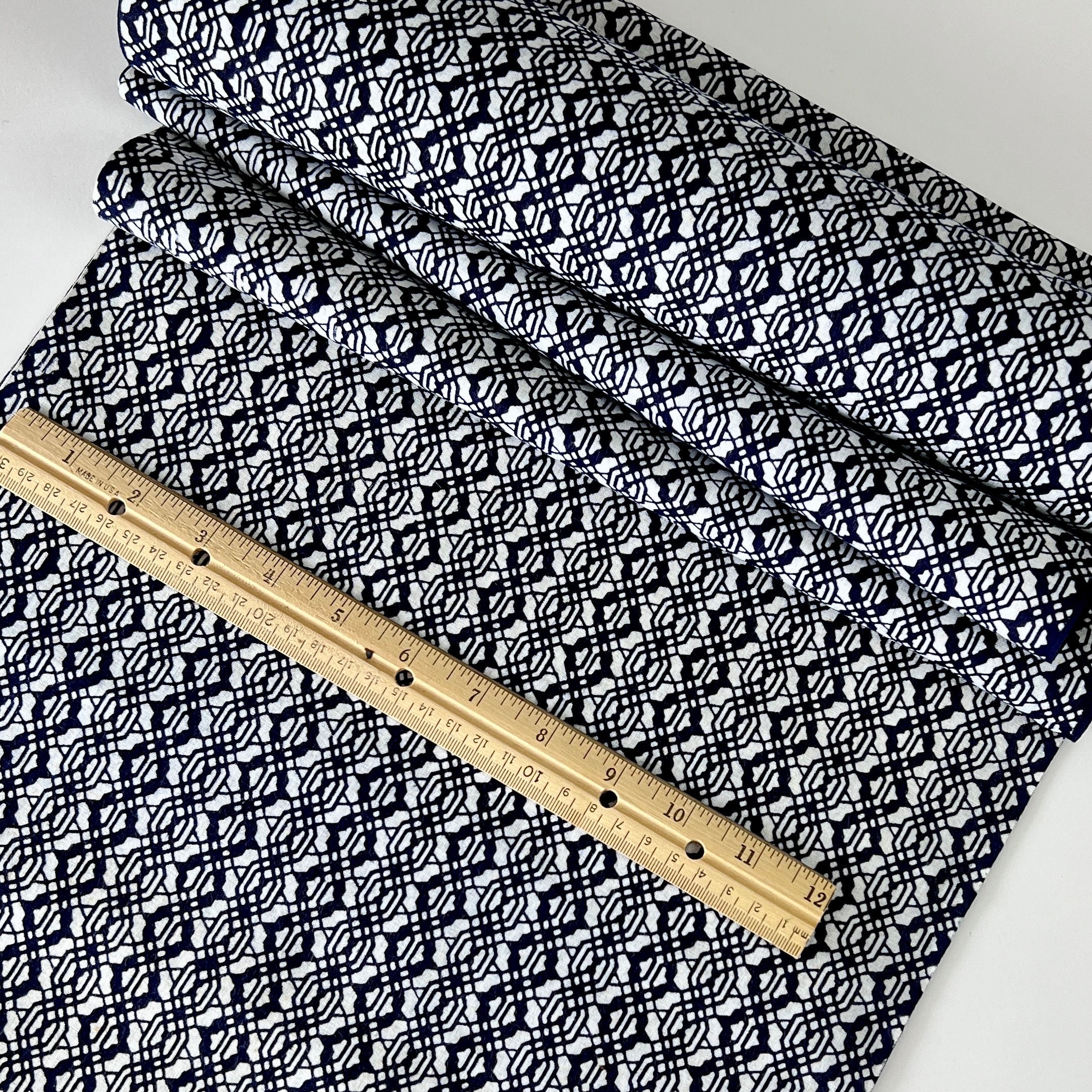 1960s Japanese Cotton Yukata Fabric by the Yard, Geometric Indigo