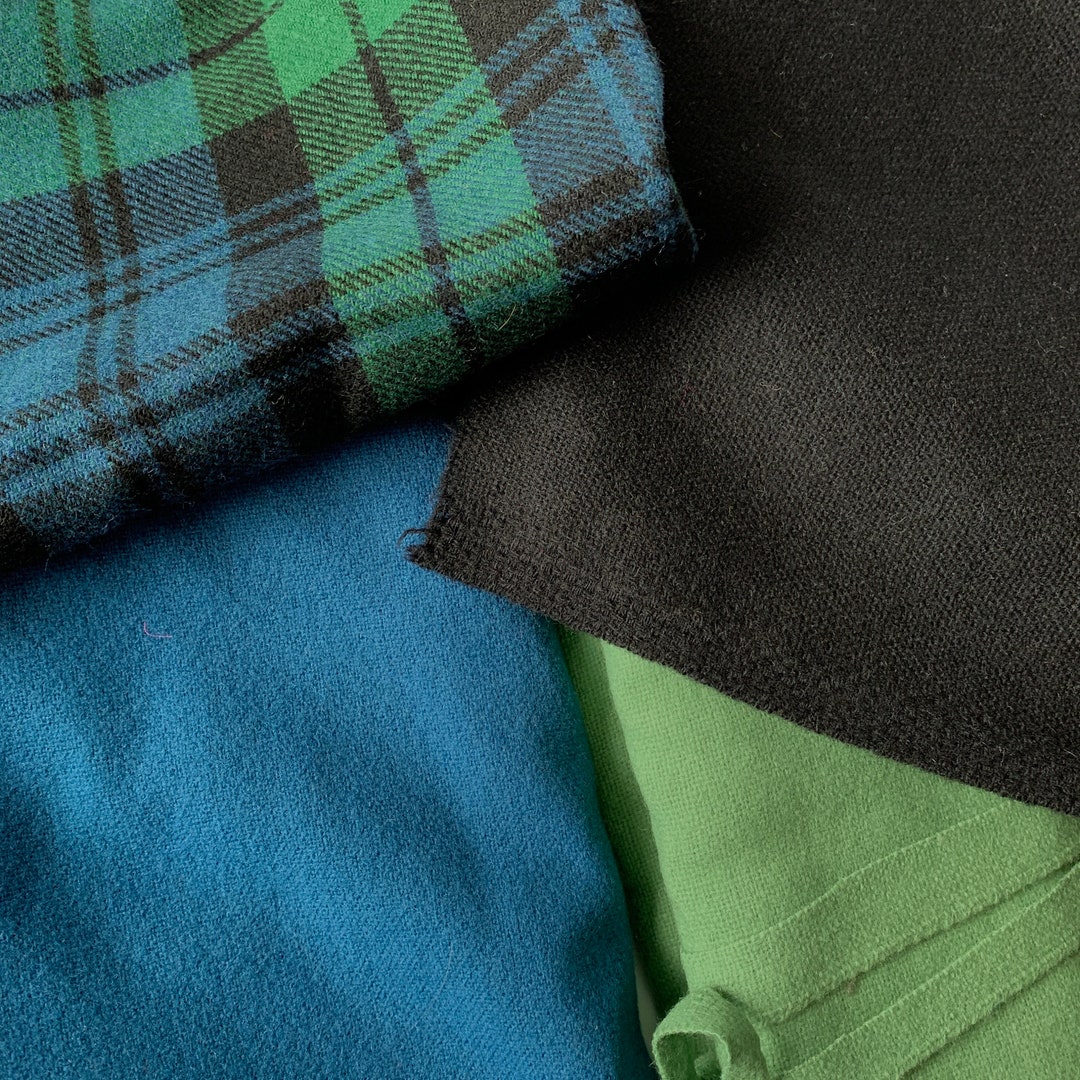 1960s Wool Fabric Bundle, 5 Large Pieces, Green, Blue, Black Watch