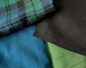 1960s Wool Fabric Bundle, 5 Large Pieces, Green, Blue, Black Watch Plaid For Rug Making, Crewel, Felting #4317