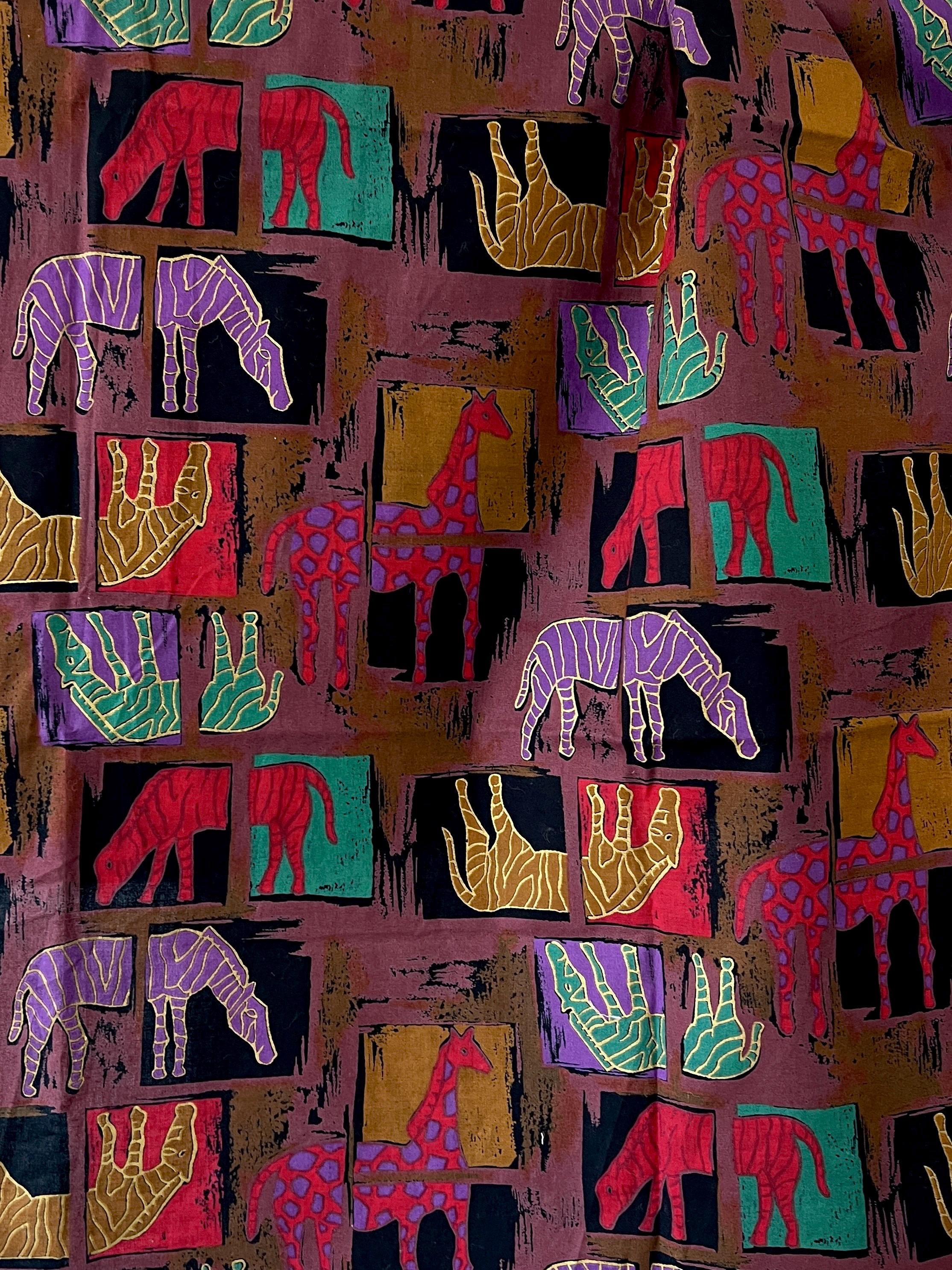 Vintage Woodcut Cotton Fabric – Tribal Giraffe & Zebra Print