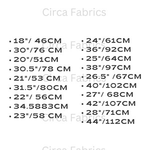 以下が含まれることがあります： 「INCHES TO CENTIMERS」のテキストと、18インチ/46cmや24インチ/61cmなどのインチからセンチメートルへの換算リストが記載された白いグラフィック。ブランド名「Circa Fabrics」も表示されています。