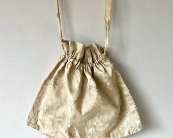 Antique Drawstring Bag, Woven Silk Jacquard Floral Fabric #5731