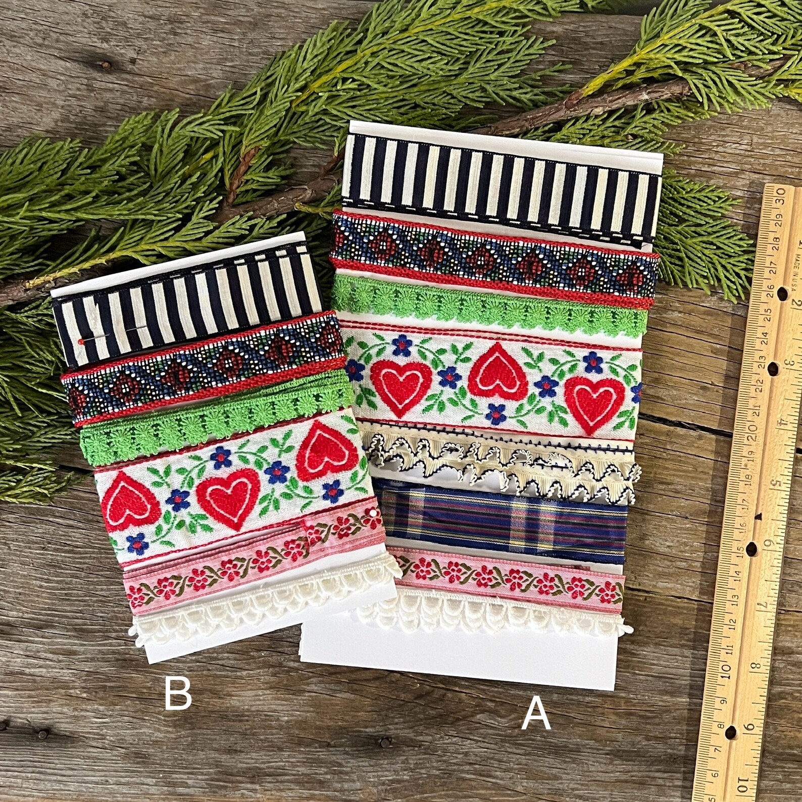 Red Ribbon Sampler Pack Vintage Ribbon Trim Sampler Cards, Woven Floral, Plaid, Hearts Ribbon ...