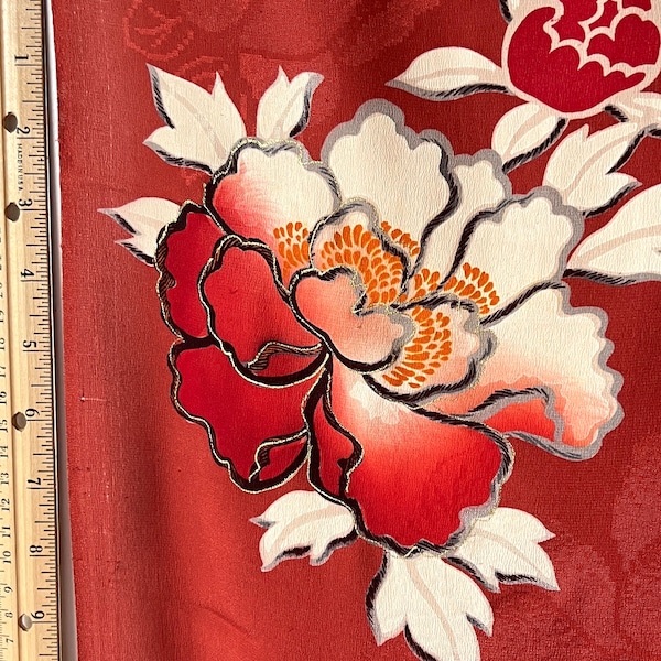 Japanese Silk Kimono Fabric, Hand Painted Kyo-Yüzen Peony Design, 14” wide #5497
