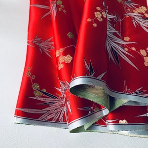 1970s Rayon Brocade Fabric by the Yard Bright Red Floral 29&quot; wide #4381