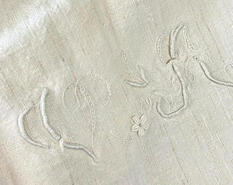 Antique Homespun Linen Sheet 68” wide x 104” - V A Monogram (Item 8583)