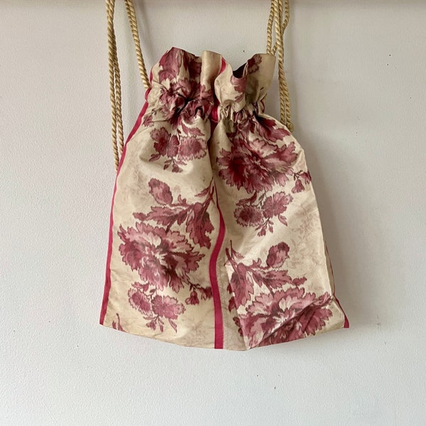 Sac à cordon en soie antique, ruban de soie arrosé de fleurs #5730