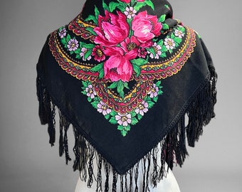 Colorful Floral Shawl, 34” Fringed Vintage Babushka Scarf Wool Blend & Cotton, Black with Bright Colors #4529