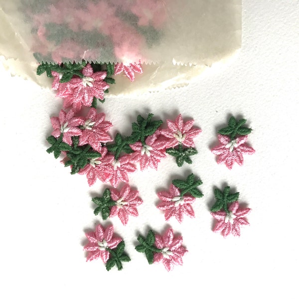 5 Small Pink Flower Embroidery Appliqués, 1960s Vintage Embroidered Sew on Floral Trims 1" x 3/4" #2890