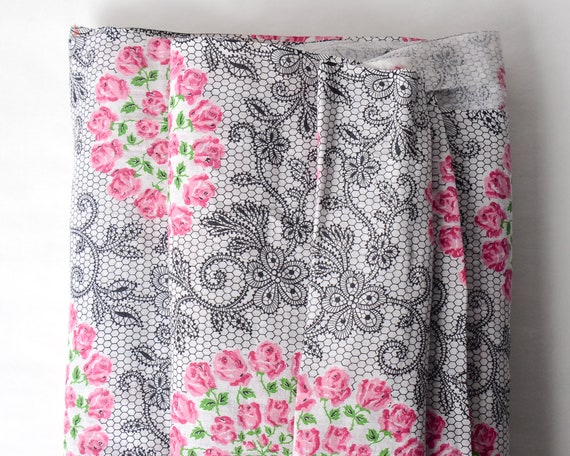 Vintage 1940/'s Floral Fabric ~ Pink Magenta Blue Green on Black