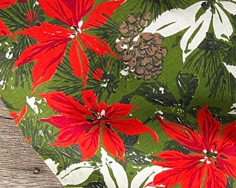 1970s Poinsettia Fabric by the Yard, Hoiday Cotton Floral Kitschmas Fabric 45”wide #5684