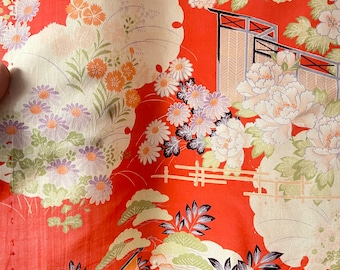1920s Japanese Pongee Silk Fabric Pieces, Orange For Robe or Pajamas, Peach and Purple Floral #5551