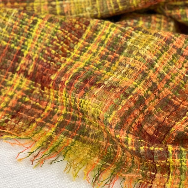 Vintage Mohair Wool Boucle Fabric: Rust, Olive Plaid Textile for Clothing, Home Decor #7934