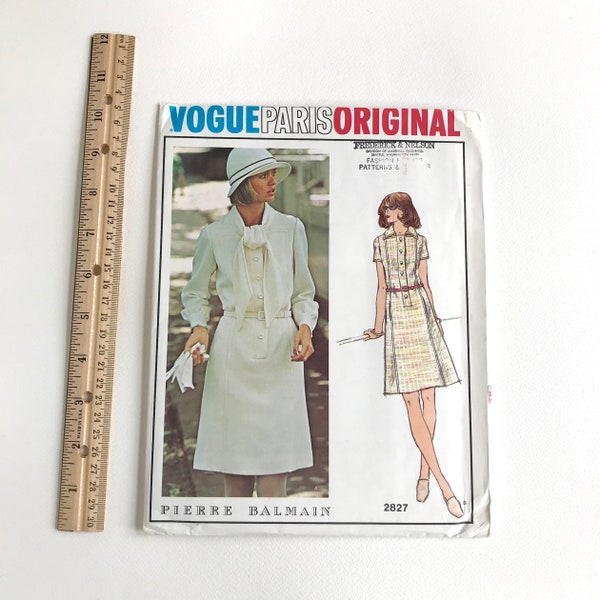 1970s vogue paris original pierre balmain sewing pattern 2827 factory fold uncut pattern size 12 dress