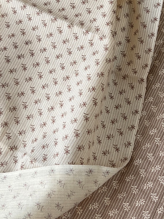 Last Piece! 1970s Fabric 2/3 Yard, Almond Beige Small Floral Stripe #5971
