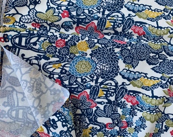 1960s Japanese Silk Bingata Fabric By the Yard, Silk Floral 14 1/4” wide #4959