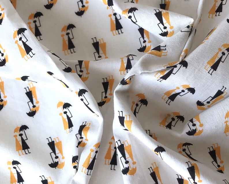 1950s Fabric ~ Cute Vintage Novelty Fabric Black Yellow Rain Umbrellas People Novelty Print 34 wide #1504