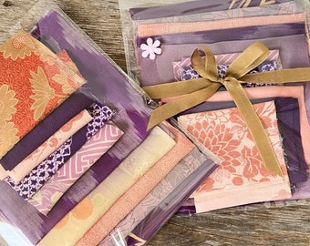 Vintage Silk Japanese 10 piece Fabric Bundle, Purple & Peach Kimono Fabric Scrap Pack #5035