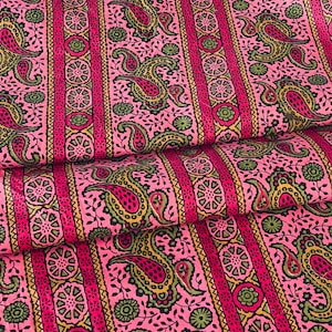 1960s Paisley Fabric, 1 Yard or 3/4 Yard cut, High Quality Cotton Bright Pink Paisley Stripe 38&#39; wide #6764