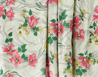 1940s Floral Rayon Fabric Remnant: Mint Green & Pink, 1 1/3 Yard Plus