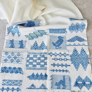 Hand Embroidered Stitch Sampler on Vintage Cotton  Huck Cloth Fabric 17&quot; x 69&quot; long #7407